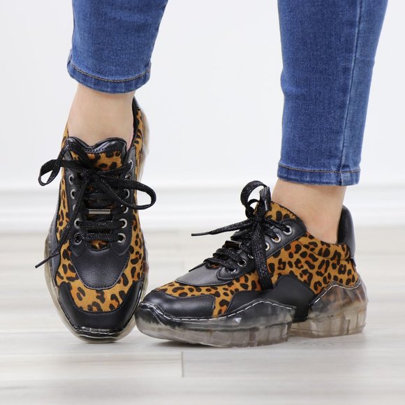 Animal Leopard Print Women's Fashion Chunky Heel Sneakers Shoes - Picture 13 of 15